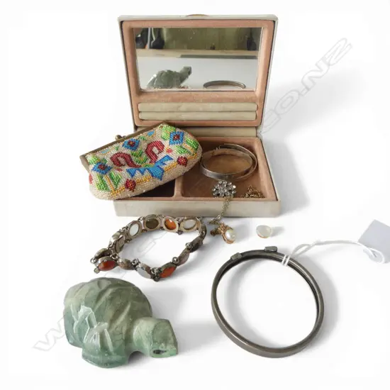 ASST. JEWELLERY: SILVER BANGLES + PLATED BRACELET W AGATES 1 LOOSE + beaded purse + stone turtle etc