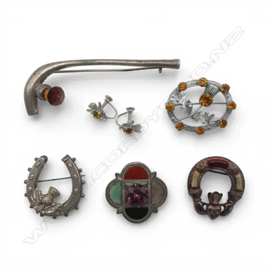 5 BROOCHES including Scottish + PR EARRINGS 