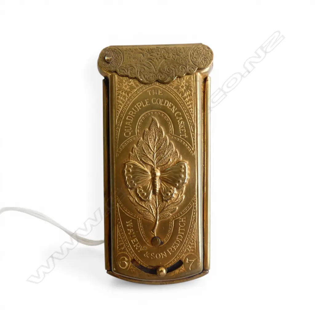 c.1900 gilt brass needle box with needles 'The Quadruple Golden Casket Wavery & Sons Redditch Image 1++