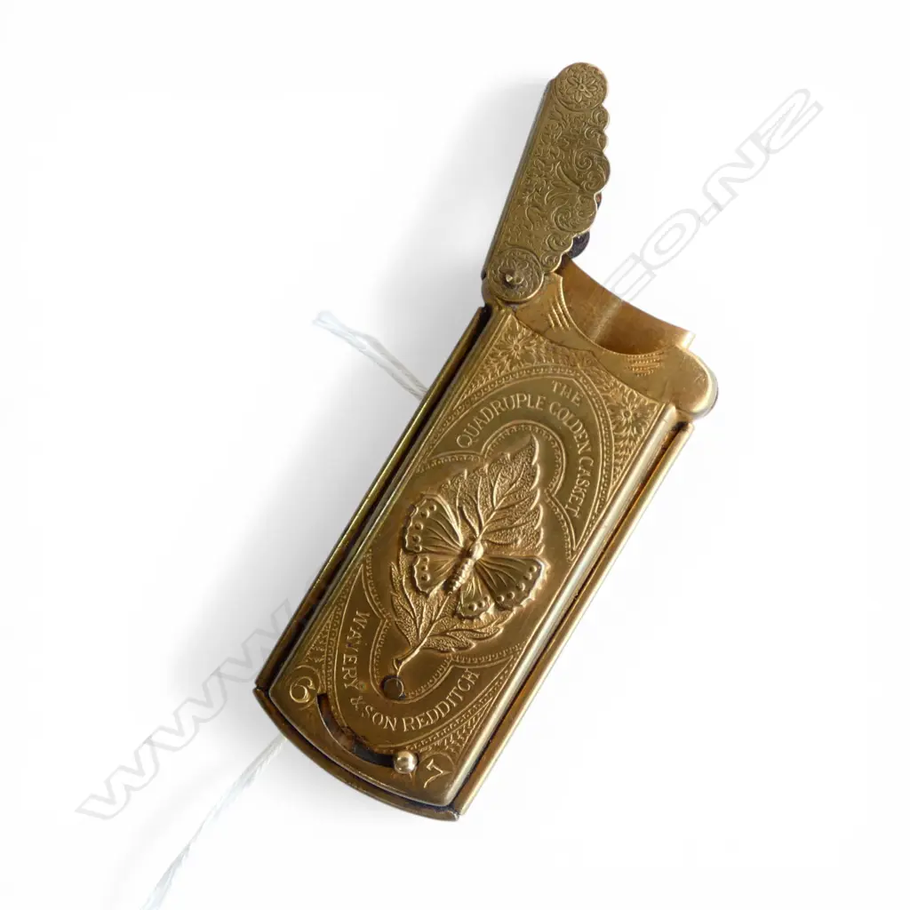c.1900 gilt brass needle box with needles 'The Quadruple Golden Casket Wavery & Sons Redditch Image 1++