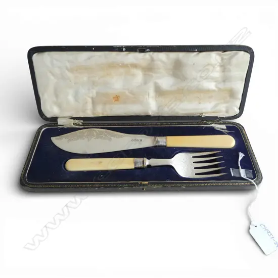 CASED STG SILVER & IVORY FISH SERVERS, SHEFFIELD 1921