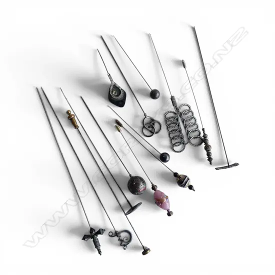 Collection of hat pins. Some silver. 1 Scottish agate set