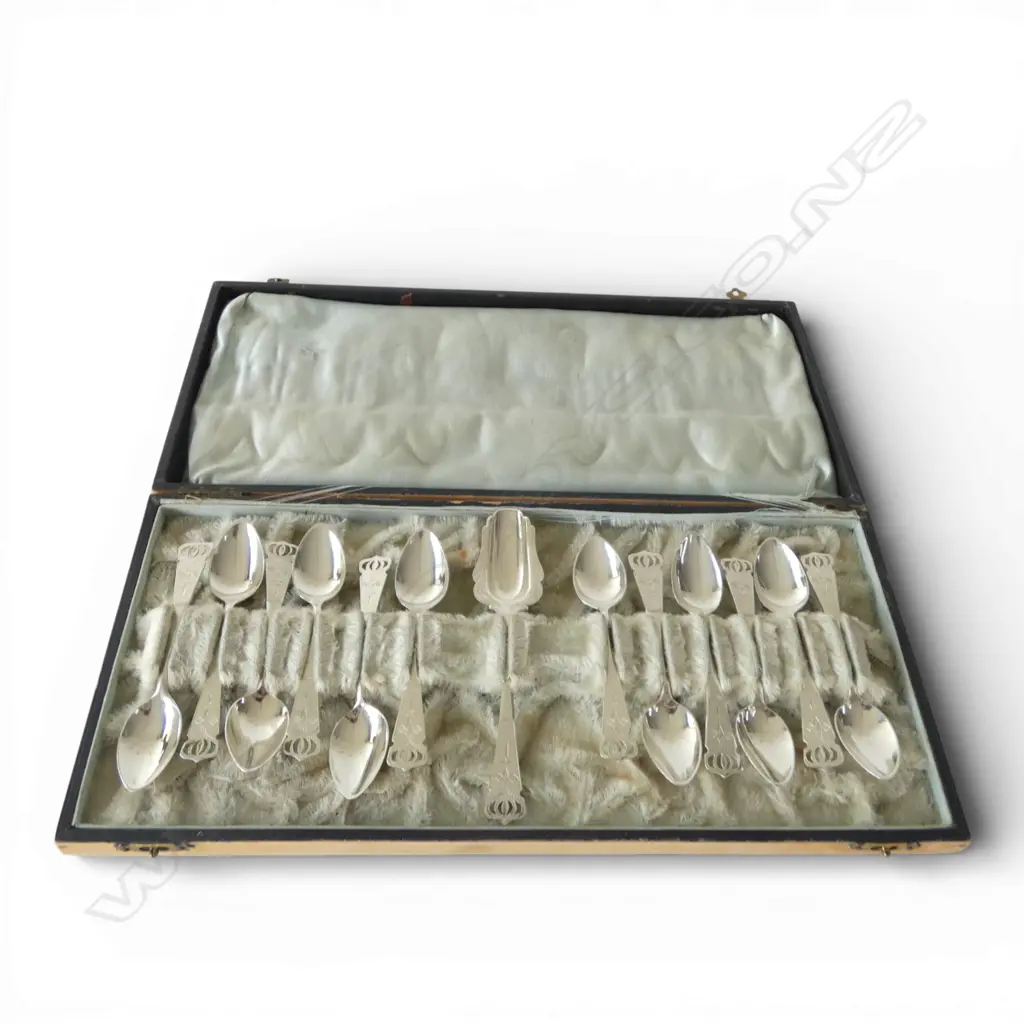 SET OF 12 DUTCH SILVER TEASPOONS & SUGAR SPOON  835 SILVER 108GMS Image 1++