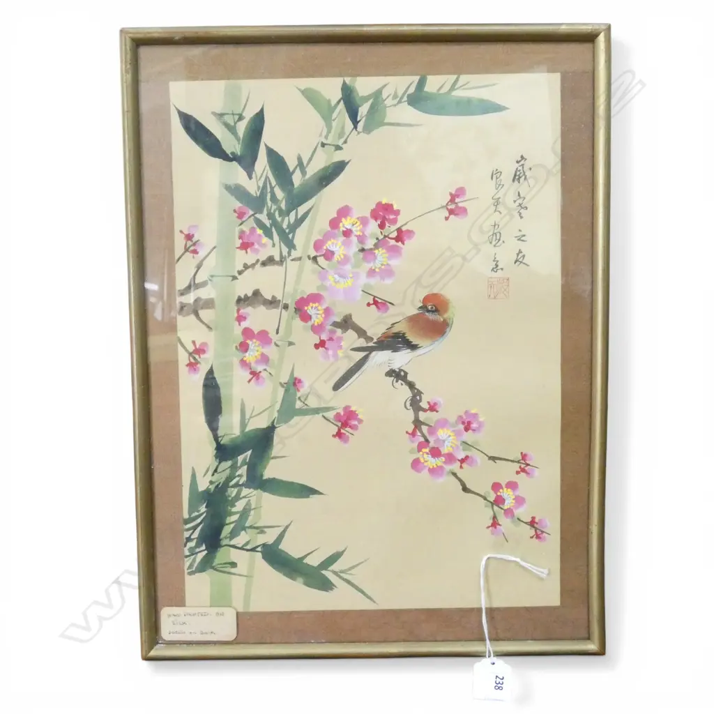 ORIENTAL BIRD W/C H340 W250MM & FRAMED ORIENTAL EMBROIDERY H270 W220MM Image 1++