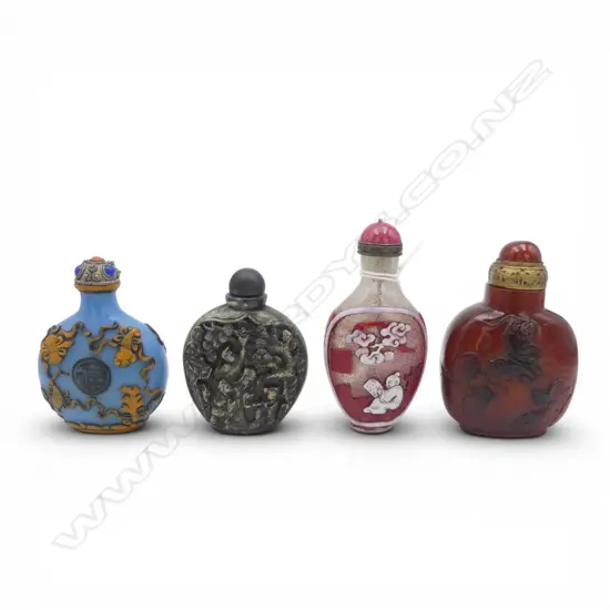 FOUR CARVED CHINESE SNUFF BOTTLES 90mm (H) LARGEST