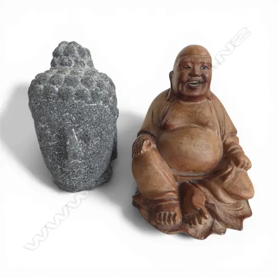 CARVED WOOD HOTEI + STONE BUDDHA HEAD H.120mm