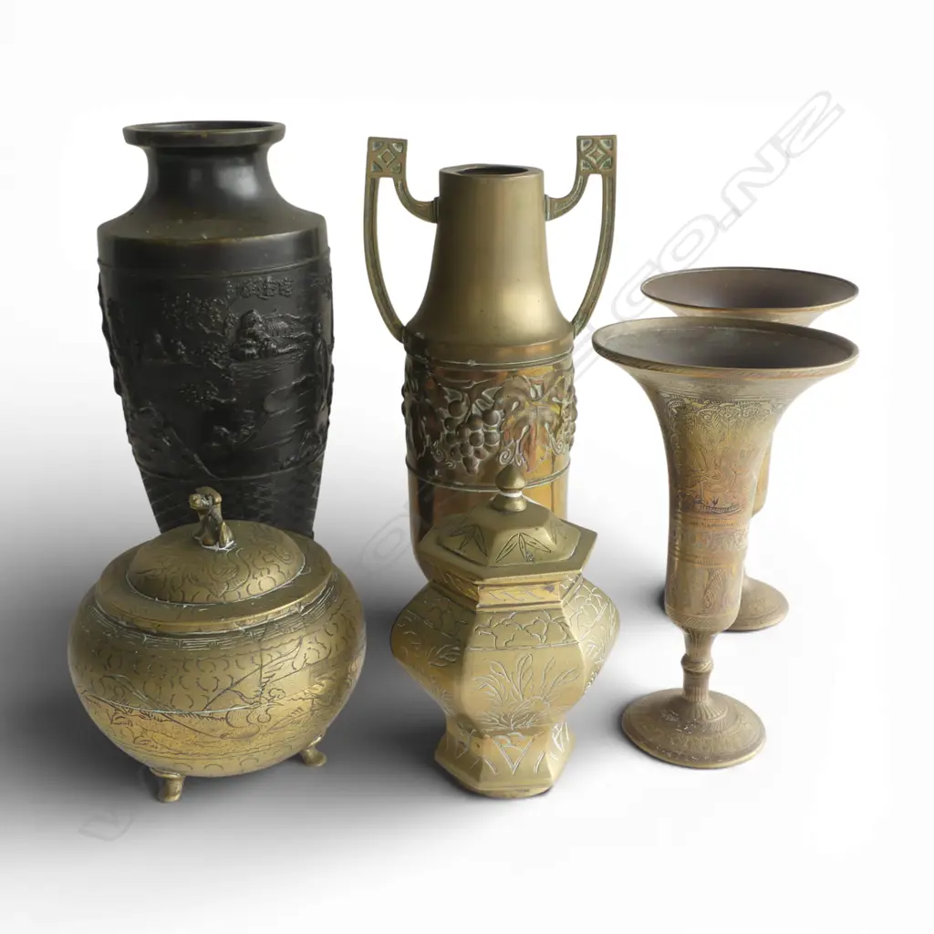 6 BRASS PCES; 4 VASES (2+PR), 2 CHINESE LIDDED CONTAINERS Image 1++