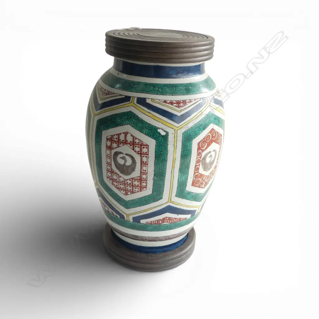 JAPANESE KUTANI WARE VASE w. WOODEN BASE & LID H.400mm Image 1++