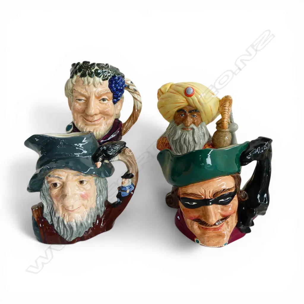 4 ROYAL DOULTON CHARACTER JUGS; SNAKE CHARMER, DICK TURPIN, BACCHUS, RIP VAN WINKLE H.170mm Image 1++