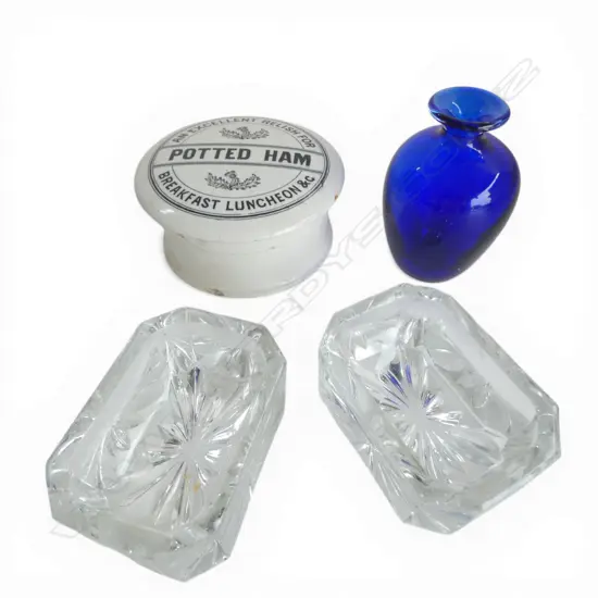2 CUT CRYSTAL SALTS, 'POTTED HAM' PASTE POT & BLUE GLASS VASE H.95mm