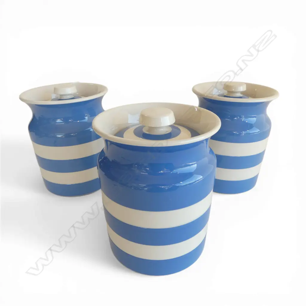 3 CORNISH WARE LIDDED CONTAINERS H.175mm chip to 1 lid Image 1++