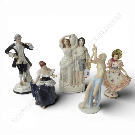 5 CHINA FIGURINES; STAFFORDSHIRE FLAT BACK, ROYAL DUX, ROSENTHAL, etc