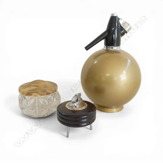 3 VINTAGE PCES; SODA SIPHON, BAKELITE LIGHTER & CONTAINER 