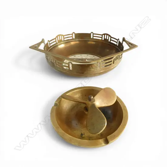 AN ART NOUVEAU BRASS HANDLED DISH WITH CERAMIC INSET 190mm (D), NOVELTY ASHTRAY WITH  SPINNING PROPELLOR