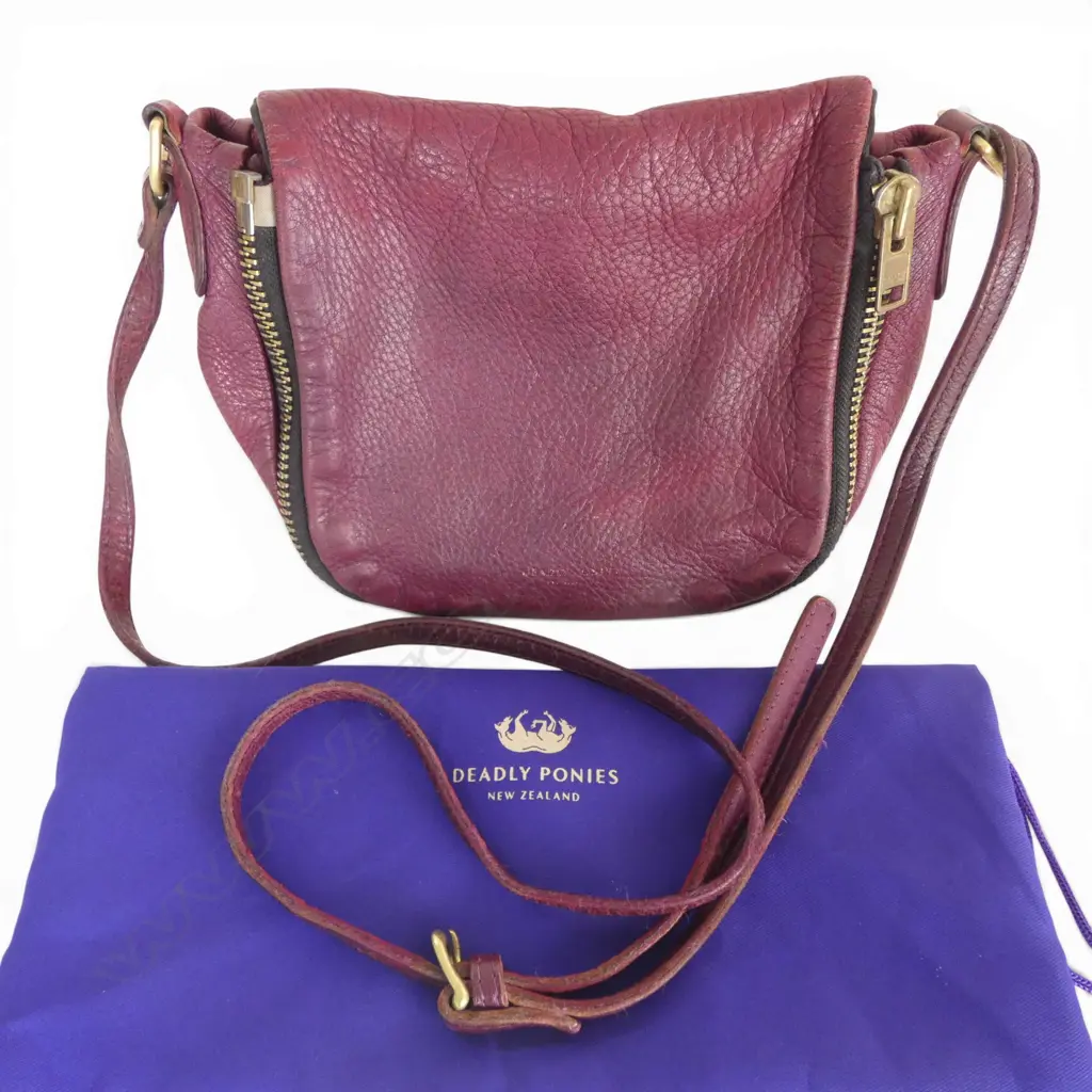 VINTAGE DEADLY PONIES burgundy leather handbag with shoulder strap in Deadly Ponies dust bag probably later made Image 1++