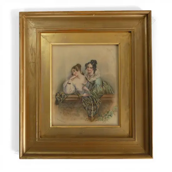 R. E HILL (19TH CENTURY), TWO VICTORIAN LADIES, WATERCOLOUR, SIGNED, 220 X 180MM