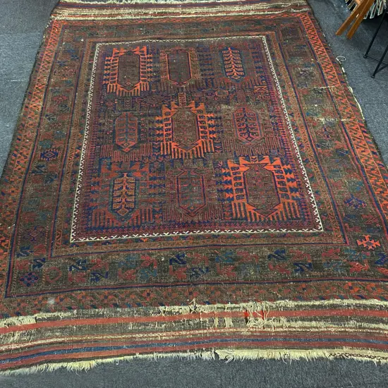 ANTIQUE BALUCHI RUG wool on wool, repairs and all faults, 2700x1880mm