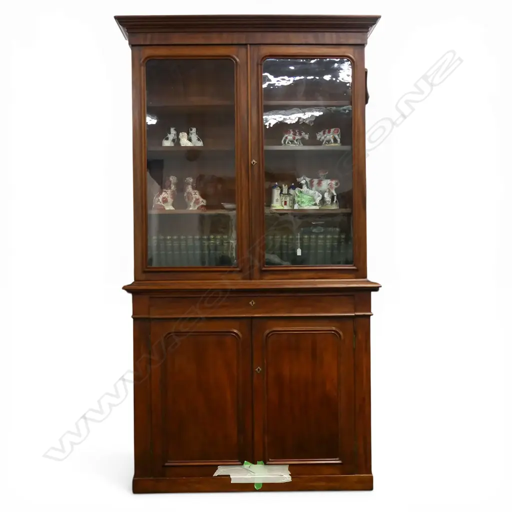 TALL VICTORIAN FLAME MAHOGANY BOOKCASE with original glass 1235x465x2325mm. Tape at base only to hold doors Image 1++