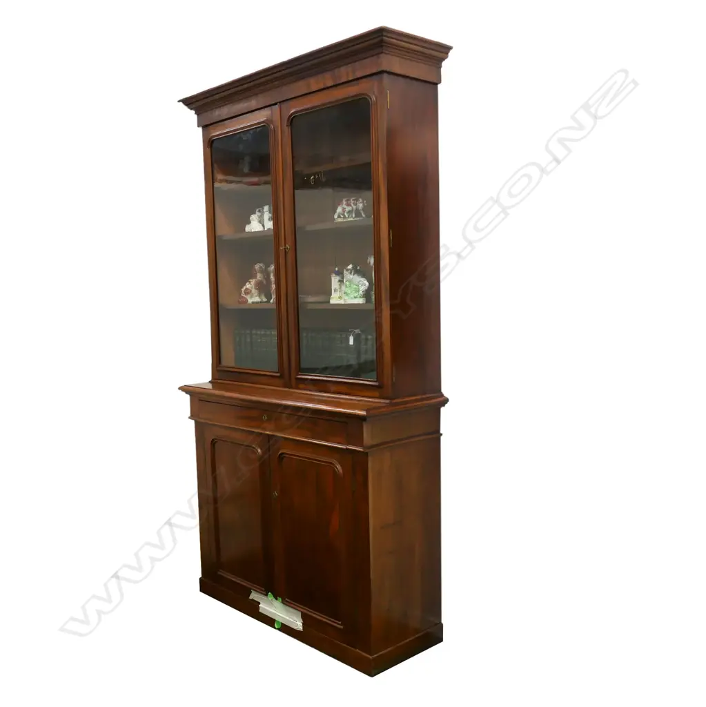 TALL VICTORIAN FLAME MAHOGANY BOOKCASE with original glass 1235x465x2325mm. Tape at base only to hold doors Image 1++
