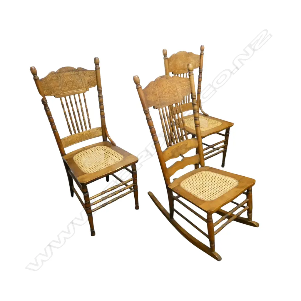 2 SPINDLE BACK CHAIRS + ROCKING CHAIR damage to one chair Image 1++