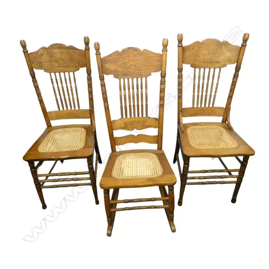 2 SPINDLE BACK CHAIRS + ROCKING CHAIR damage to one chair