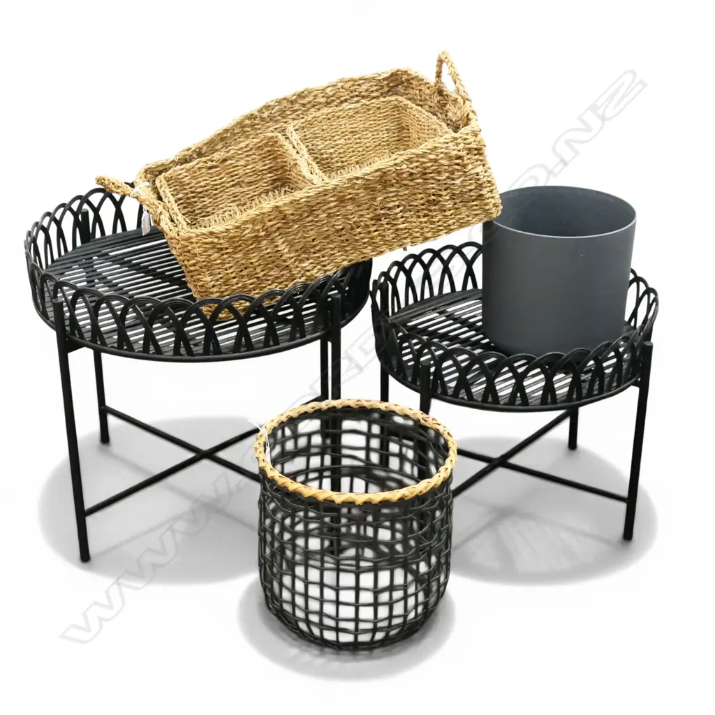 2 CANE TOP SIDE TABLES, 2 BINS & 3 BASKETS .... Image 1++