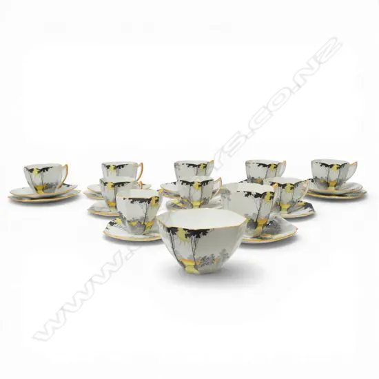 5 SHELLEY CHINA CSPS MATCHING C/S  4 COFFEE CANS & SUGAR BOWL DECO SUNSET PAT