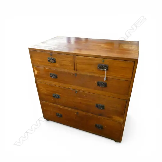 19THC CAMPAIGN STYLE CAMPHOR WOOD? 5 DRAWER SPLIT CHEST  COPPER SWING HANDLES requires attention 1065 x 605 x 1040mm