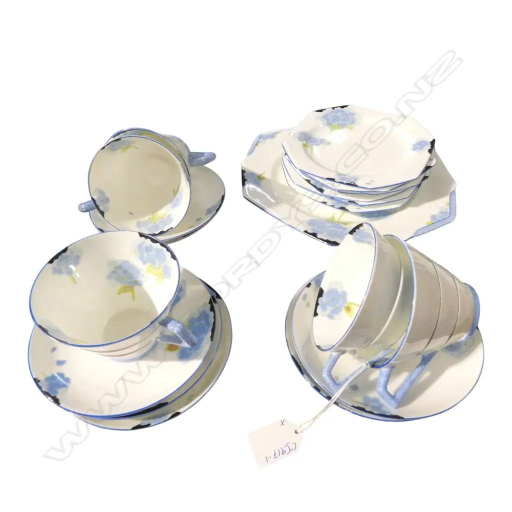 5 ART DECO PARAGON HAND PAINTED CHINA TRIOS; 7 plates & saucers, 5 cups + cake plate Image 1++