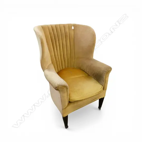 An Edwardian high lobed back and curved back parlour chair with golden velvet upholstery, Provenance: From the estate of Adrian Michael Garrett of Kerikeri.