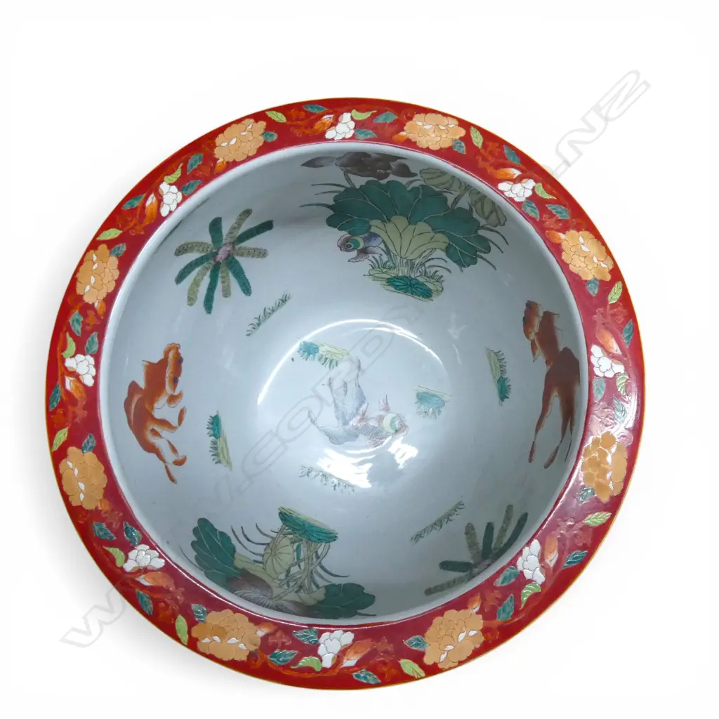 2 CHINESE JARDINIERES red glaze exterior with decorated carp interior Dia.420mm Image 1++