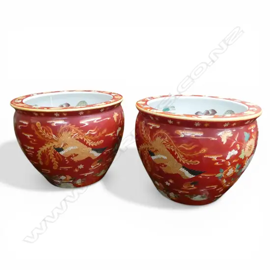 2 CHINESE JARDINIERES red glaze exterior with decorated carp interior Dia.420mm