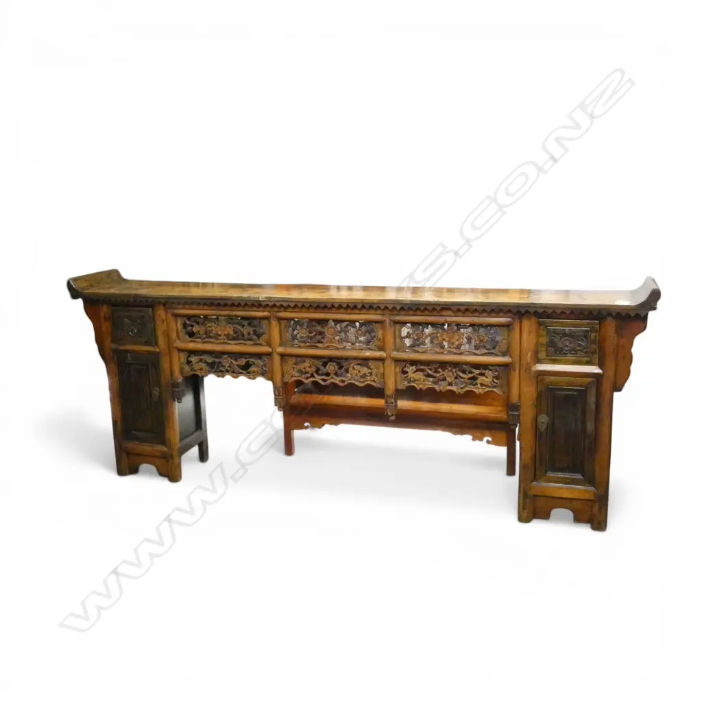 CHINESE ALTAR TABLE ornate carved panels and detailing 2140x320x830mm Image 1++