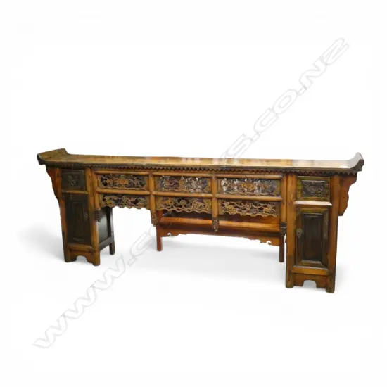 CHINESE ALTAR TABLE ornate carved panels and detailing 2140x320x830mm