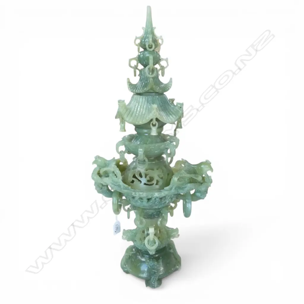 CHINESE CARVED 2 PCE ALABASTER? CENSER temple form, numerous captured rings and phoenix & dragon motifs H.600mm Image 1++