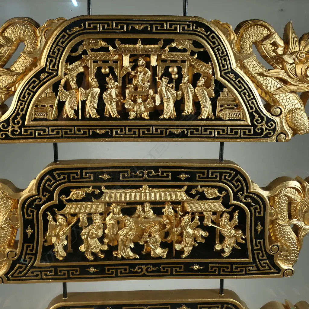 A Chinese set of four carved and gilt panels framed as a room screen, Image 1++