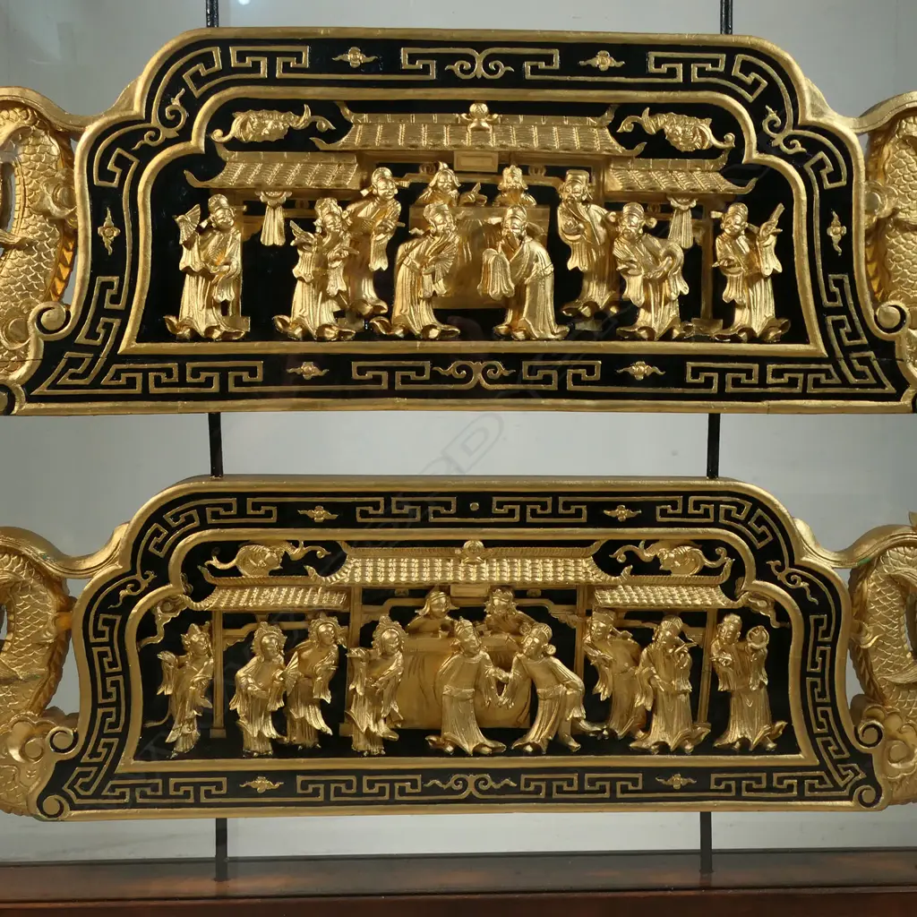 A Chinese set of four carved and gilt panels framed as a room screen, Image 1++