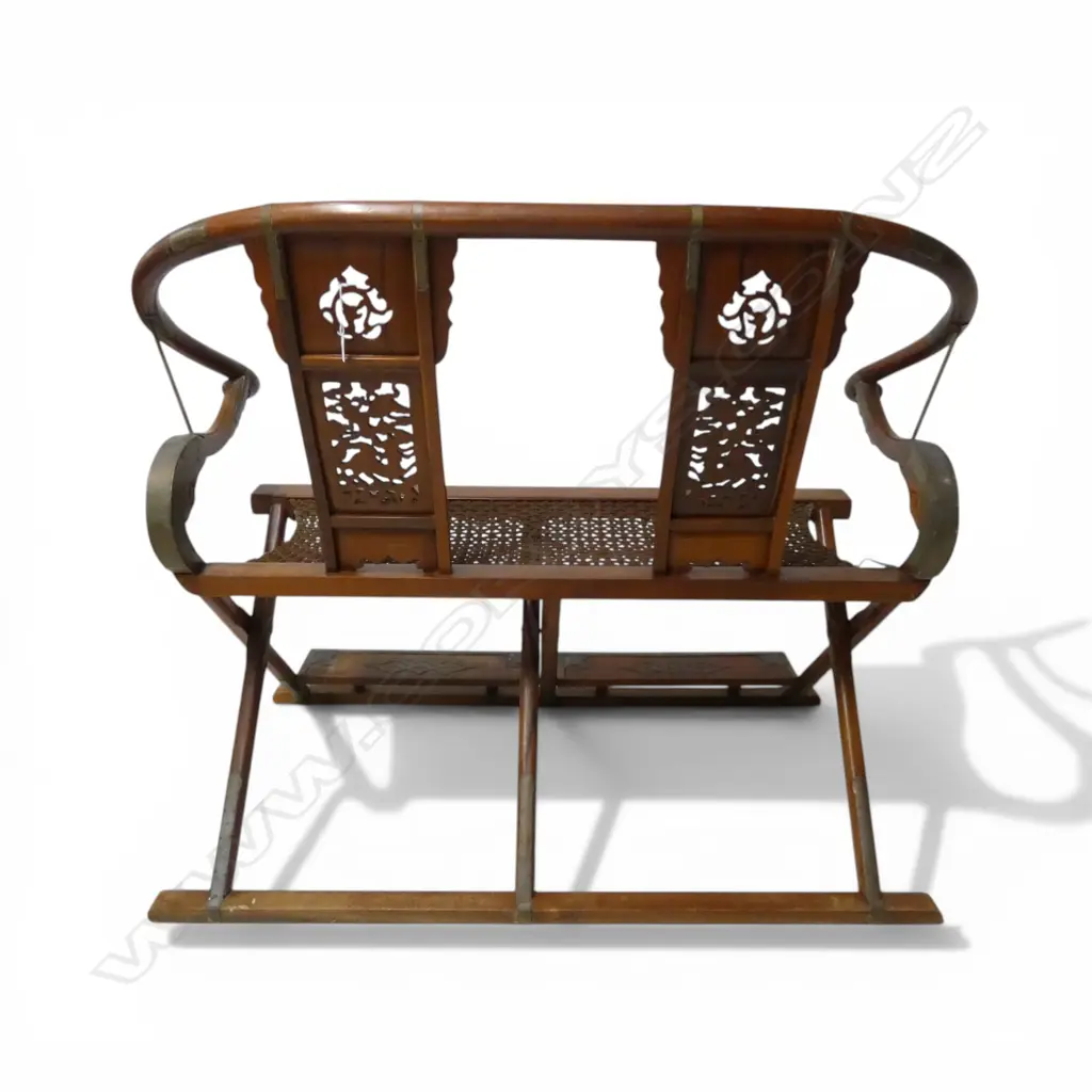 CHINESE FOLDING HORSESHOE HUNTING CHAIR two carved back slats, scrolling cloud and dragon details W.1340mm Image 1++