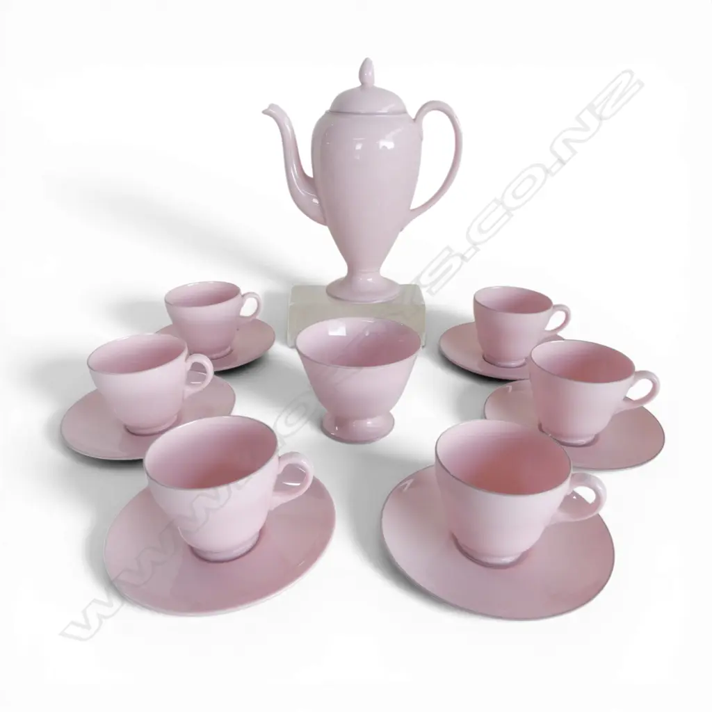 WEDGEWOOD COFFEE SET IN ALPINE PINK, 6  DEMITASSE CUPS, SAUCERS, COFFEE POT AND SUGAR BOWL Image 1++