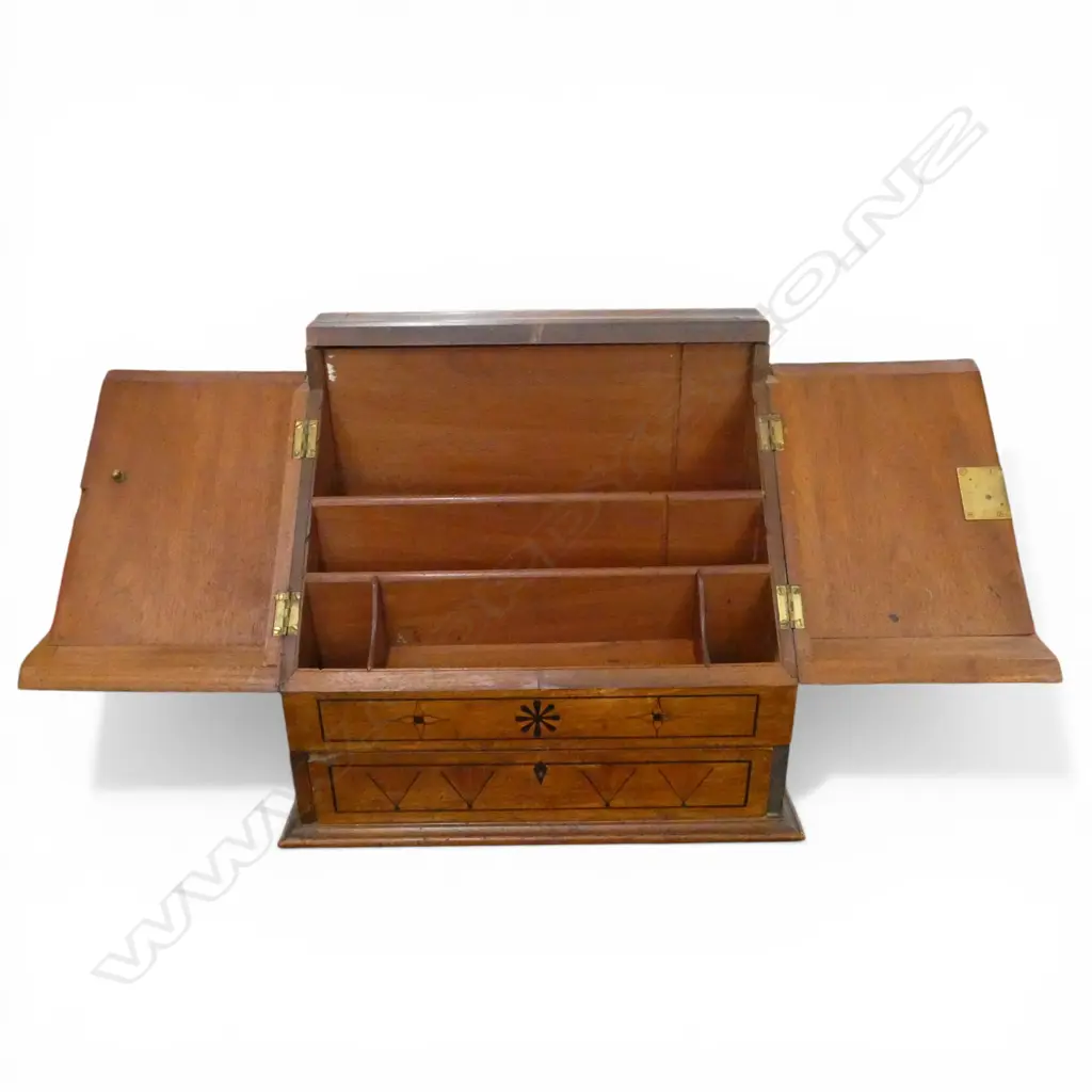 **RTV** LATE 19thC CEDAR or TEAK ANGLO-ORIENTAL INLAID WRITTING COMPENDIUM H.395mm. Some moldings absent some loose Image 1++