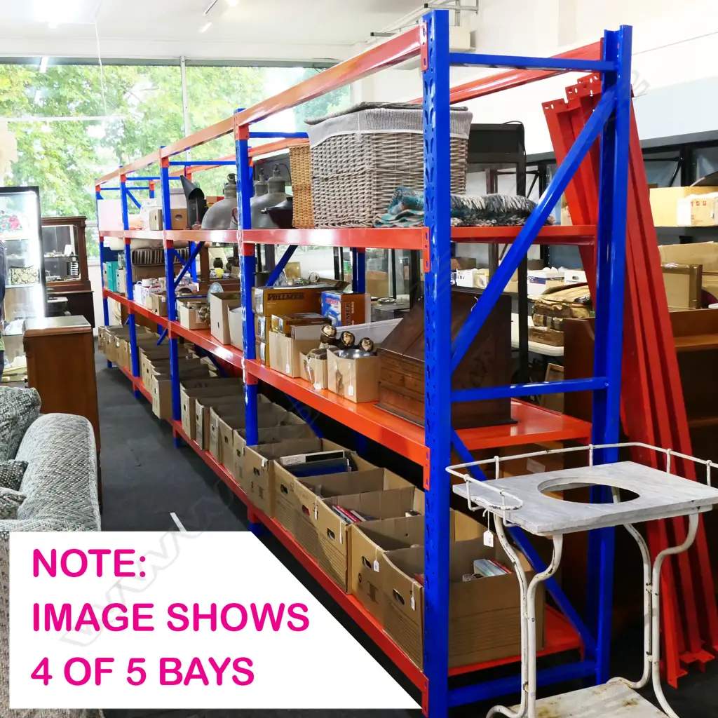 5 CONNECTED BAYS OF ORANGE/BLUE METAL SHELVING: Each bay with 4 shelves (8 sections). 8 shelf supports. Total 6 uprights Image 1++
