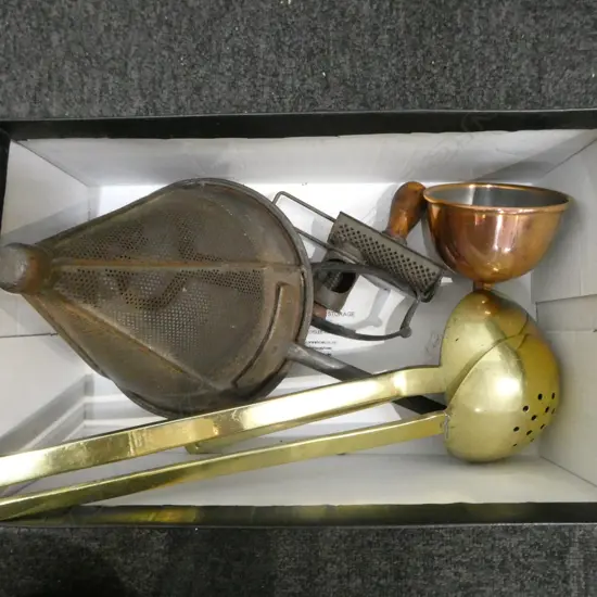 OLD KITCHEN IMPLEMENTS: grater + sieve + 3 brass ladles + copper funnel+ sugar cutters