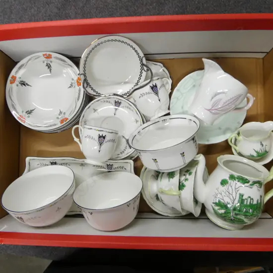 BOX OF SHELLEY CHINA PART TEASETS BOWLS ETC