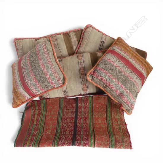 CUSHIONS (3 + 2) MADE FROM BOLIVIAN TEXTILES PLUS VINTAGE BOLIVIAN TEXTILE FABRIC 