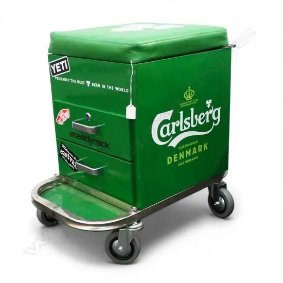 CARLSBERG BEER CABINET/STOOL ON CASTORS 385x630x600mm