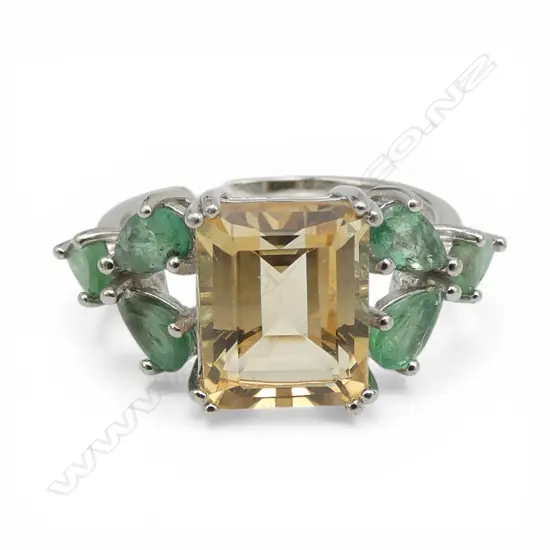 SILVER CITRINE AND EMERALD RING