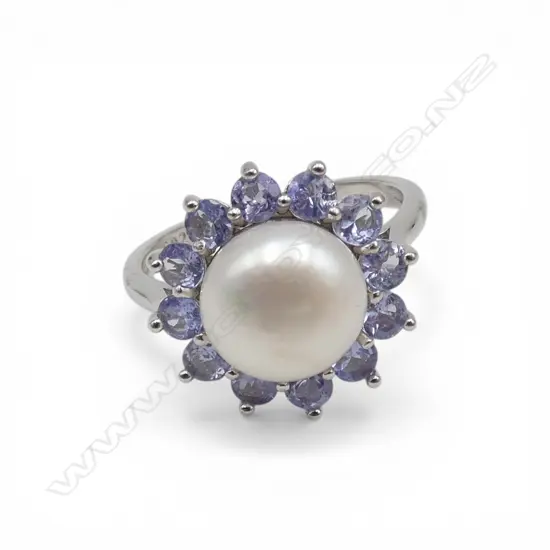 SILVER TANZANITE & PEARL RING
