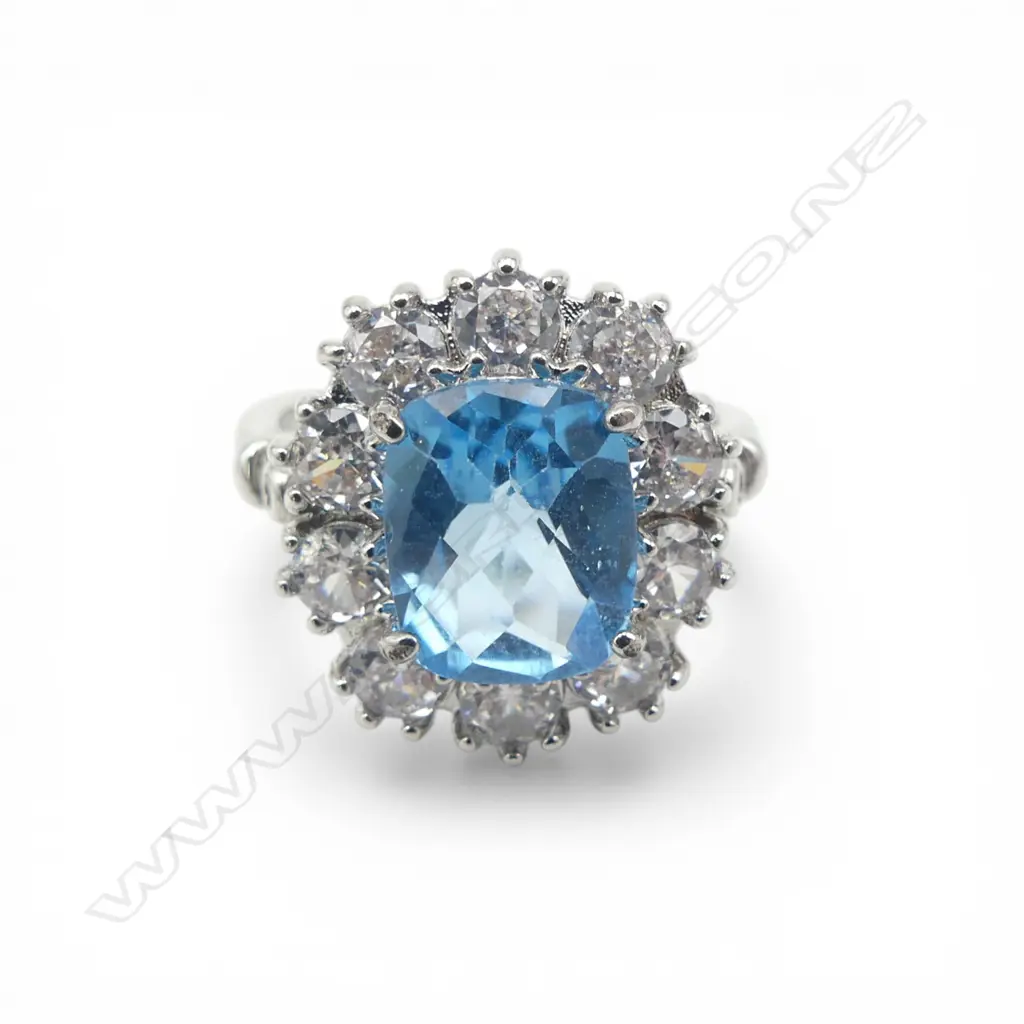 SILVER PLATED BLUE TOPAZ & CZ RING, AIG REPORT Image 1++