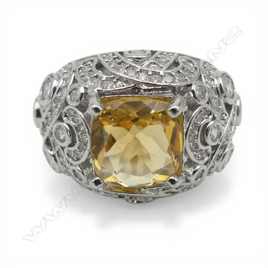 SILVER PLATED CITRINE & CZ RING, AIG CERT