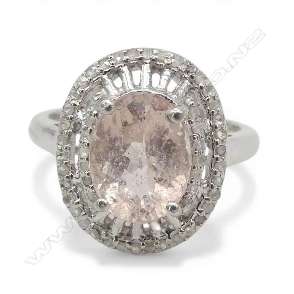 SILVER MORGANITE & ROSE CUT DIAMOND RING, AIG CERT Image 1++